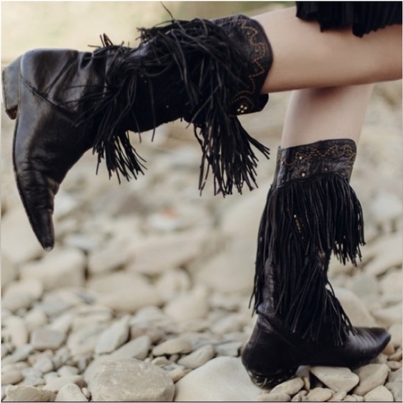 Dingo Vintage Black Leather Fringe Mid Calf Cowgirl Western Boots - Picture 1 of 16